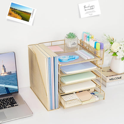 5-Tier Desk File Organizer with Drawer & Pen Holder (Black)