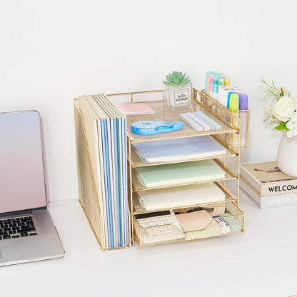 5-Tier Desk File Organizer with Drawer & Pen Holder (Black)