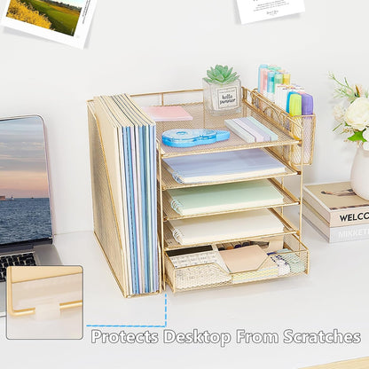 5-Tier Desk File Organizer with Drawer & Pen Holder (Black)