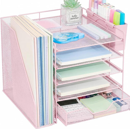 5-Tier Desk File Organizer with Drawer & Pen Holder (Black)