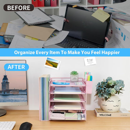 5-Tier Desk File Organizer with Drawer & Pen Holder (Black)