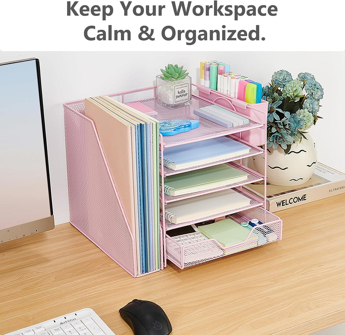5-Tier Desk File Organizer with Drawer & Pen Holder (Black)