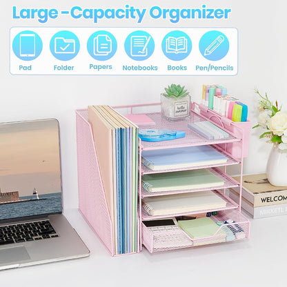 5-Tier Desk File Organizer with Drawer & Pen Holder (Black)