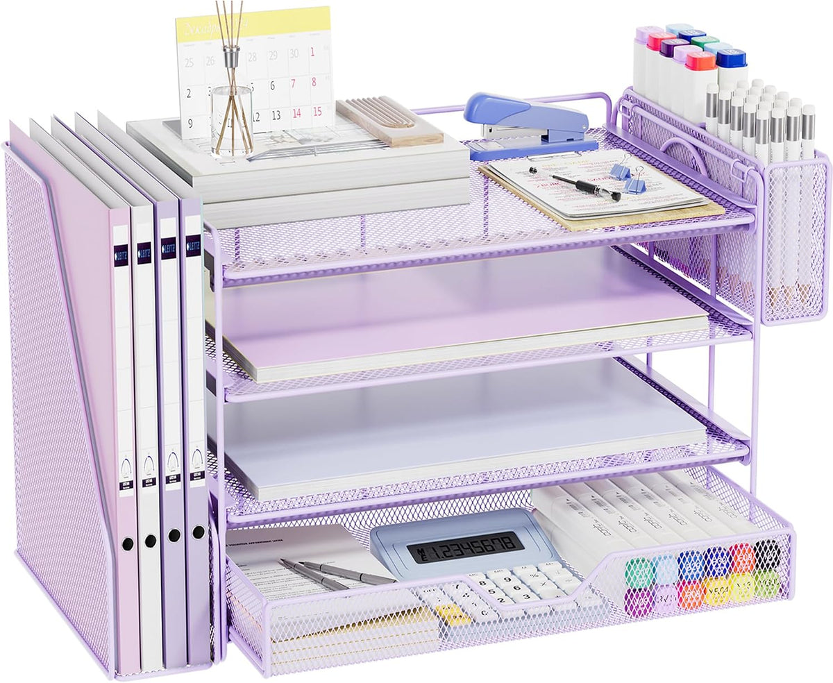 5-Tier Desk File Organizer with Drawer & Pen Holder (Black)