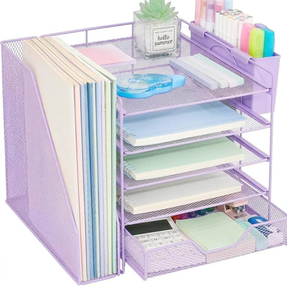 5-Tier Desk File Organizer with Drawer & Pen Holder (Black)