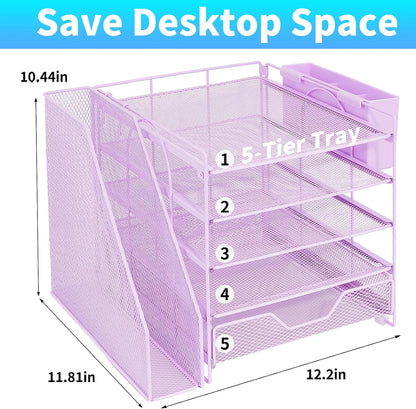 5-Tier Desk File Organizer with Drawer & Pen Holder (Black)