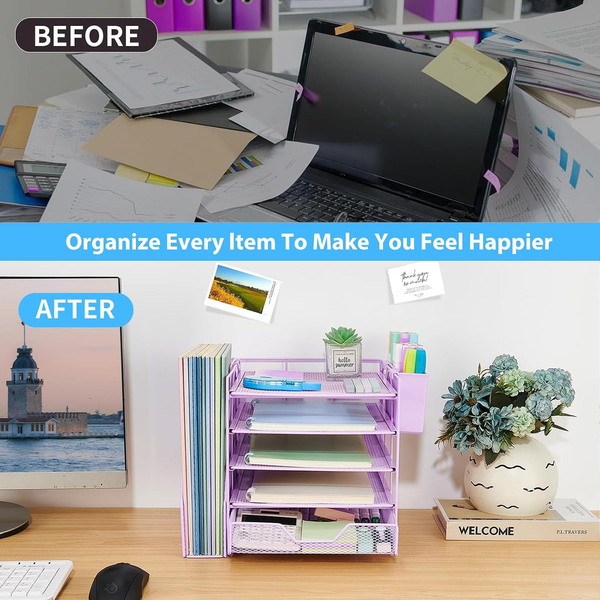 5-Tier Desk File Organizer with Drawer & Pen Holder (Black)