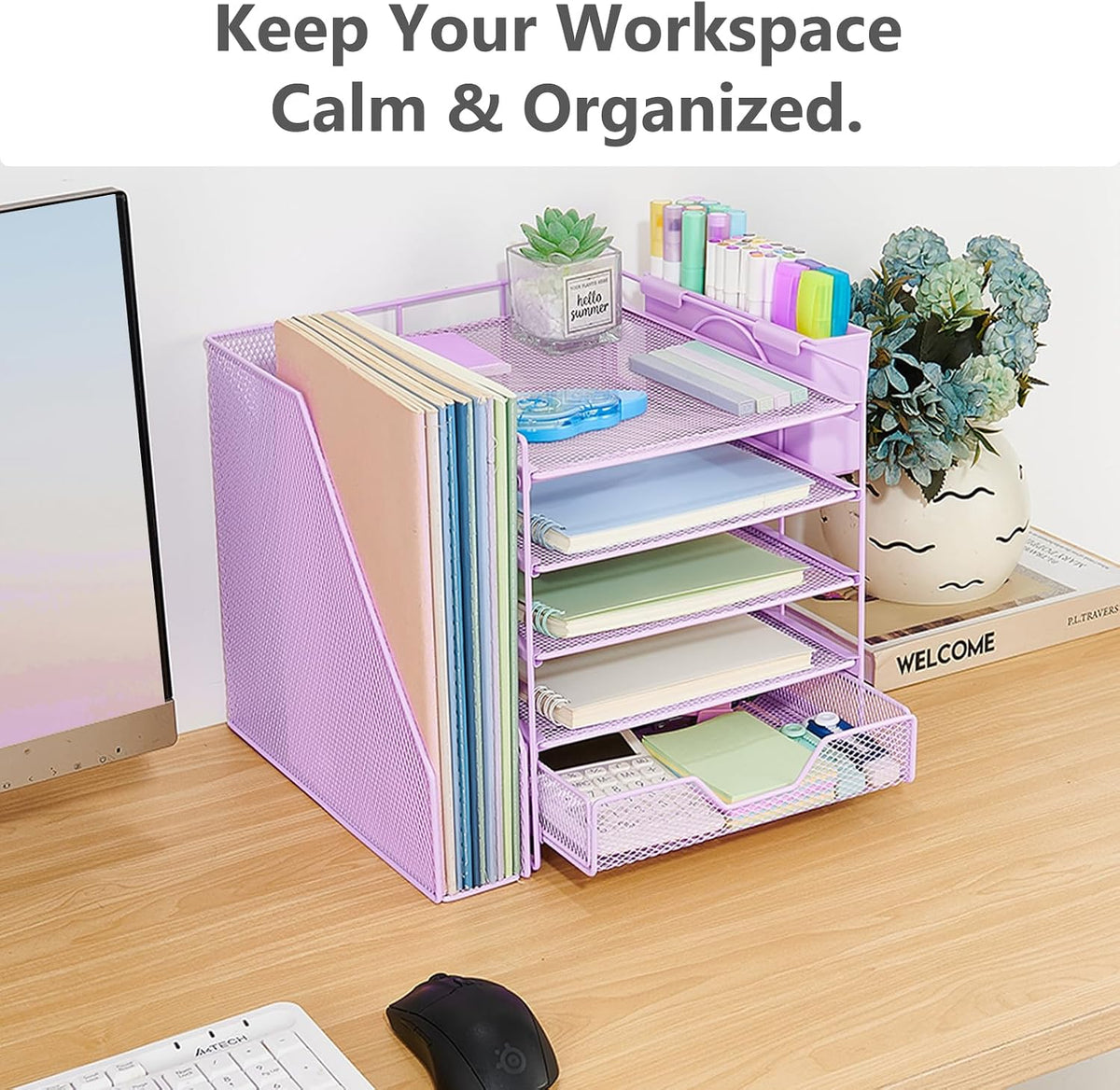 5-Tier Desk File Organizer with Drawer & Pen Holder (Black)