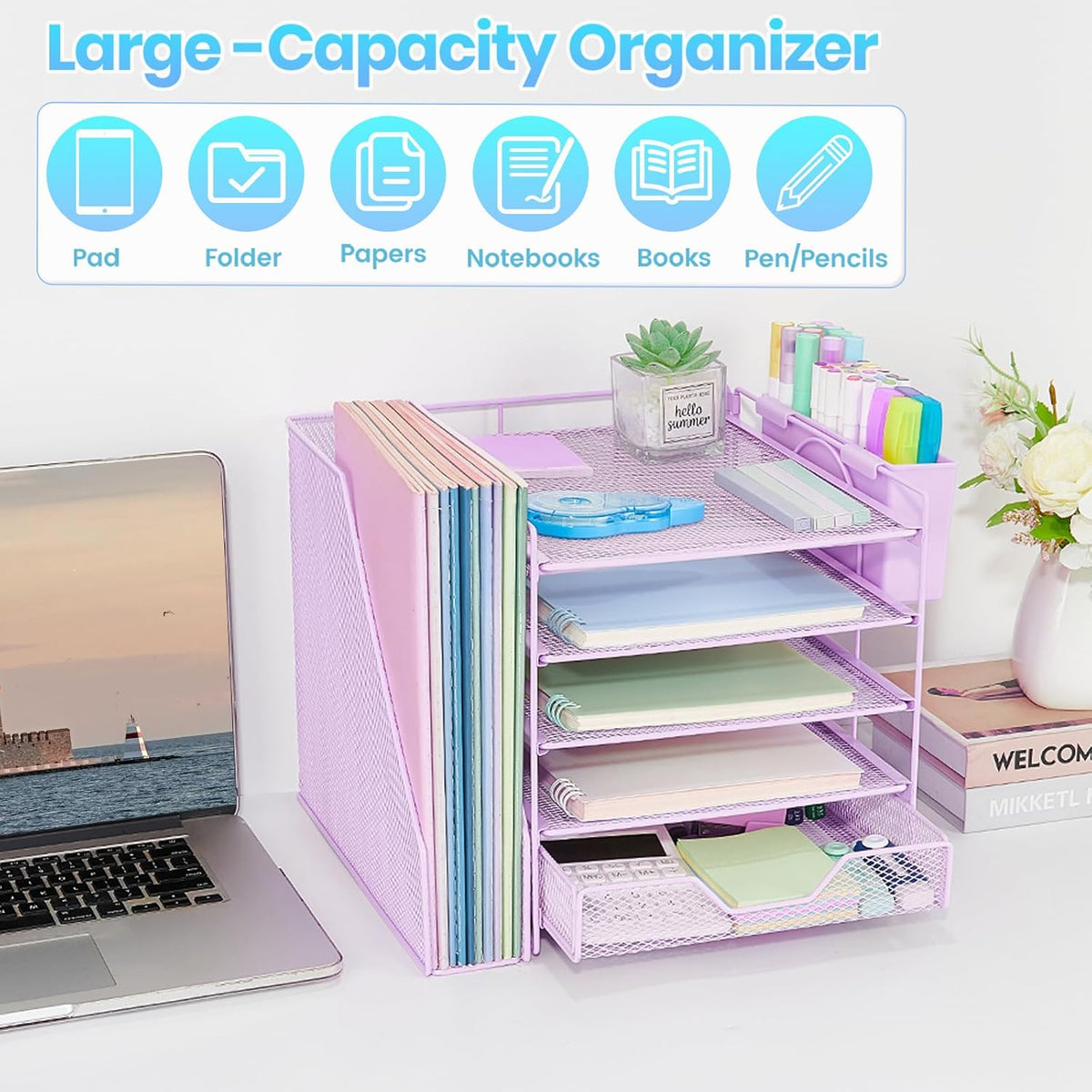 5-Tier Desk File Organizer with Drawer & Pen Holder (Black)