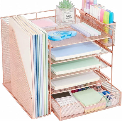 5-Tier Desk File Organizer with Drawer & Pen Holder (Black)