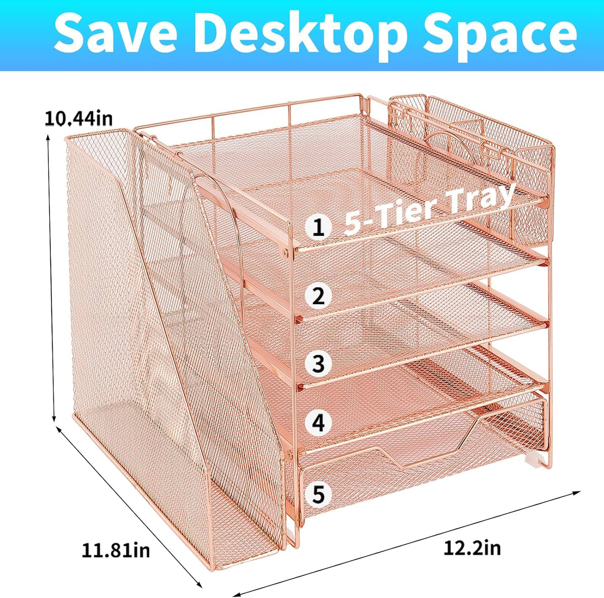 5-Tier Desk File Organizer with Drawer & Pen Holder (Black)