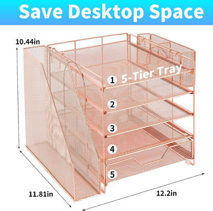 5-Tier Desk File Organizer with Drawer & Pen Holder (Black)