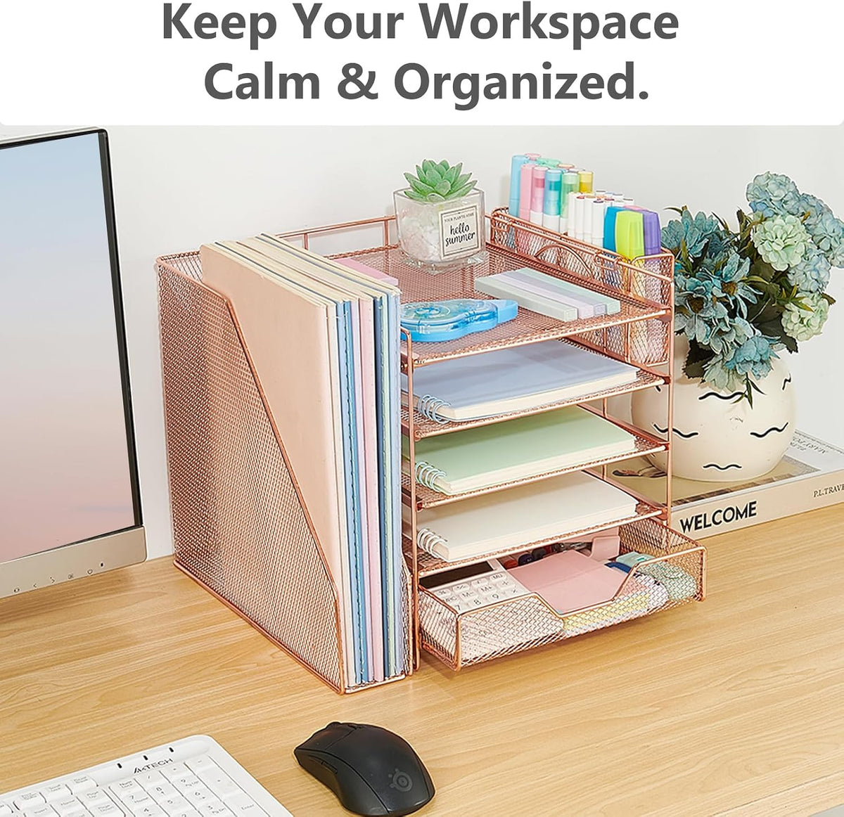 5-Tier Desk File Organizer with Drawer & Pen Holder (Black)