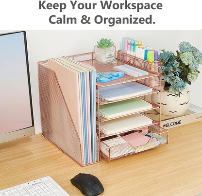 5-Tier Desk File Organizer with Drawer & Pen Holder (Black)