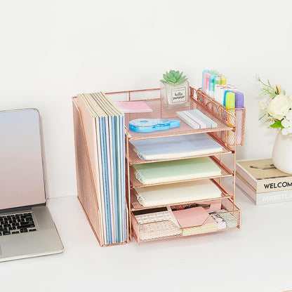 5-Tier Desk File Organizer with Drawer & Pen Holder (Black)