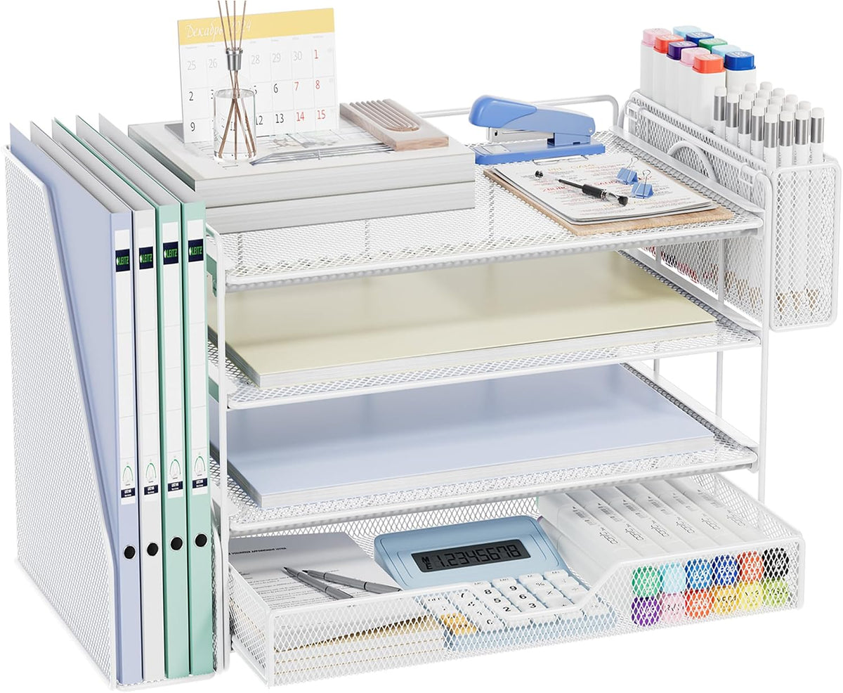 5-Tier Desk File Organizer with Drawer & Pen Holder (Black)
