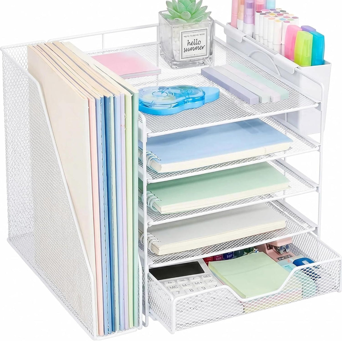 5-Tier Desk File Organizer with Drawer & Pen Holder (Black)