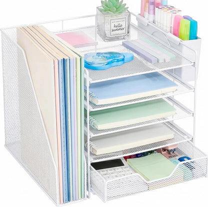 5-Tier Desk File Organizer with Drawer & Pen Holder (Black)