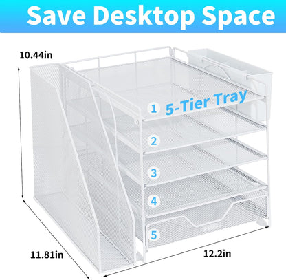 5-Tier Desk File Organizer with Drawer & Pen Holder (Black)