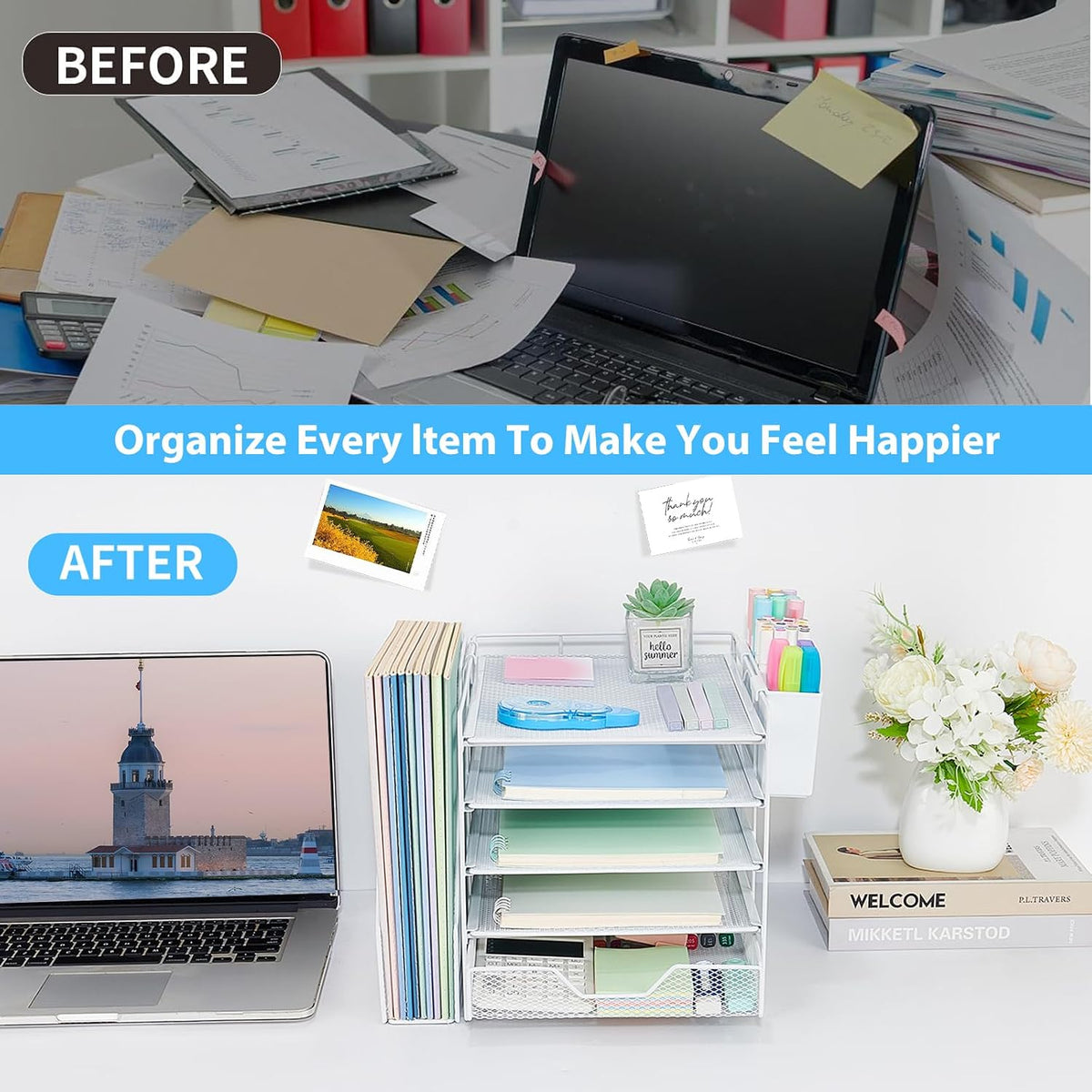 5-Tier Desk File Organizer with Drawer & Pen Holder (Black)