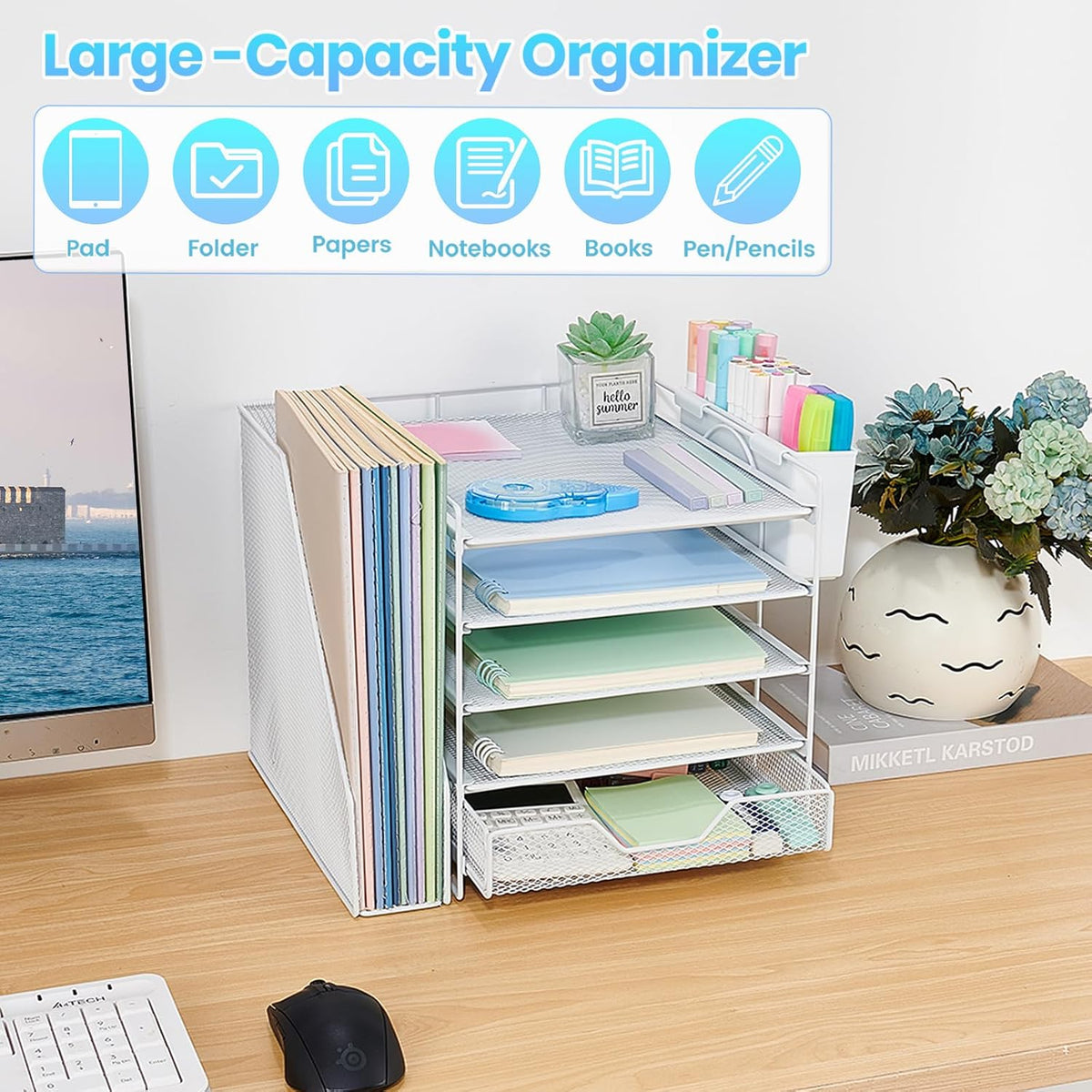5-Tier Desk File Organizer with Drawer & Pen Holder (Black)