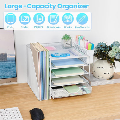 5-Tier Desk File Organizer with Drawer & Pen Holder (Black)