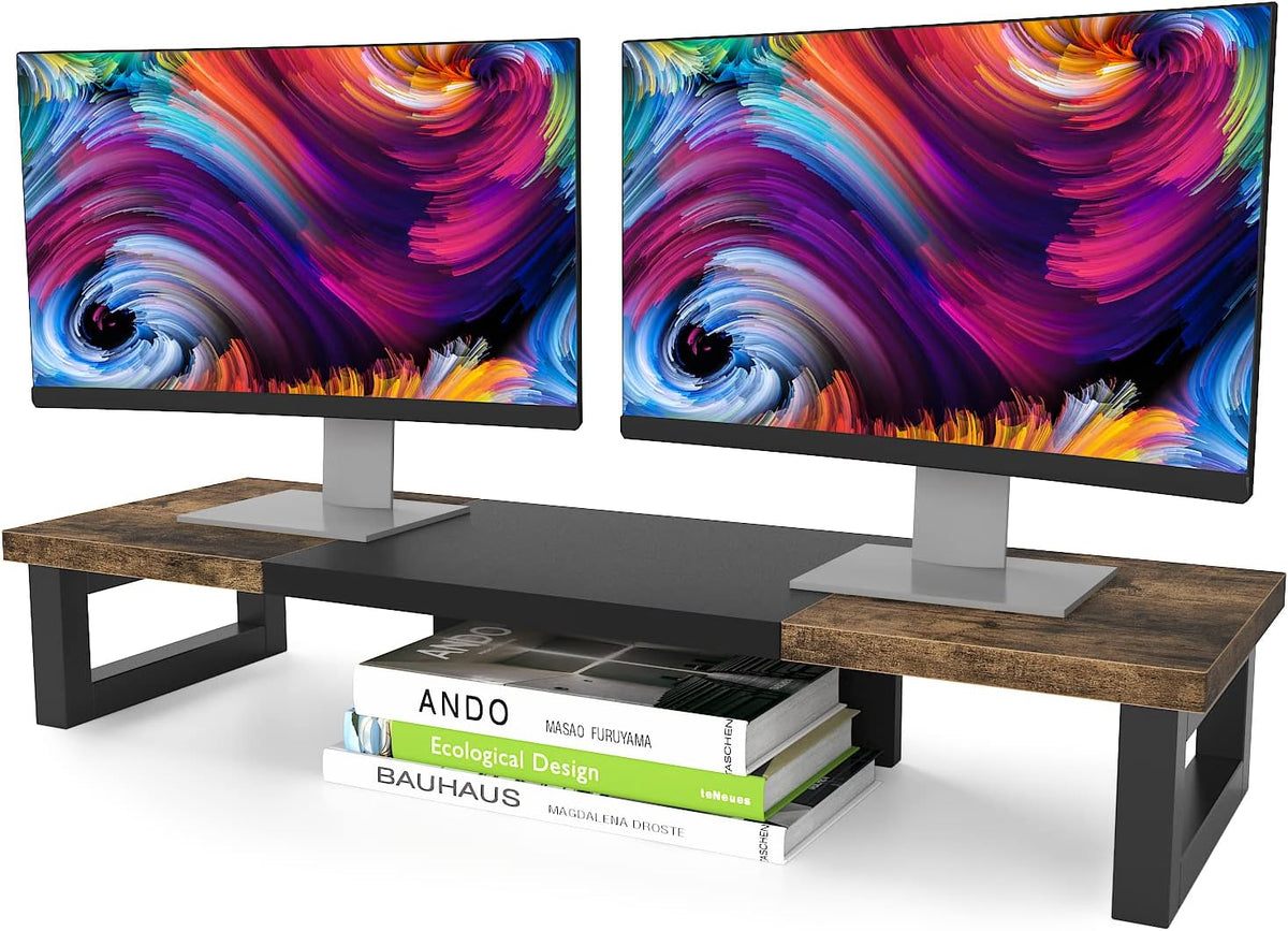 Dual Monitor Stand Riser, Wood and Steel Multi-Purpose Desktop Storage Stand for 2 Monitors for Computer, Laptop, Printer, TV, Rustic Brown
