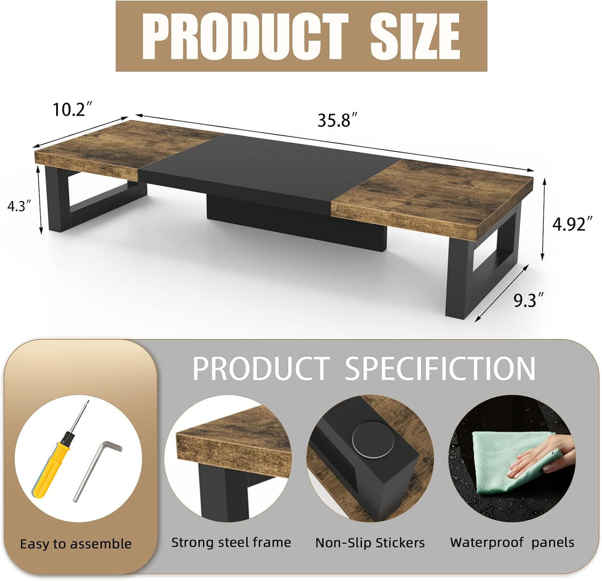 Dual Monitor Stand Riser, Wood and Steel Multi-Purpose Desktop Storage Stand for 2 Monitors for Computer, Laptop, Printer, TV, Rustic Brown