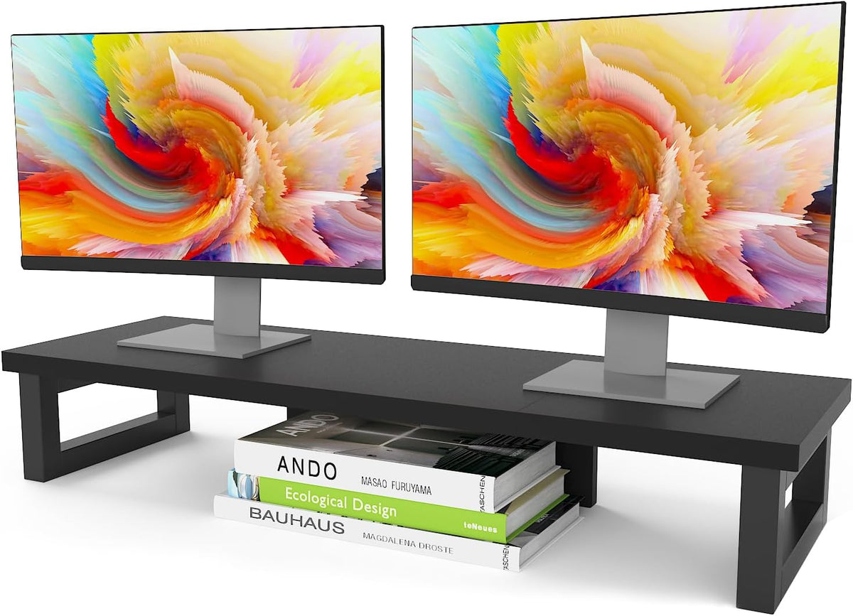 Dual Monitor Stand Riser, Wood and Steel Multi-Purpose Desktop Storage Stand for 2 Monitors for Computer, Laptop, Printer, TV, Rustic Brown