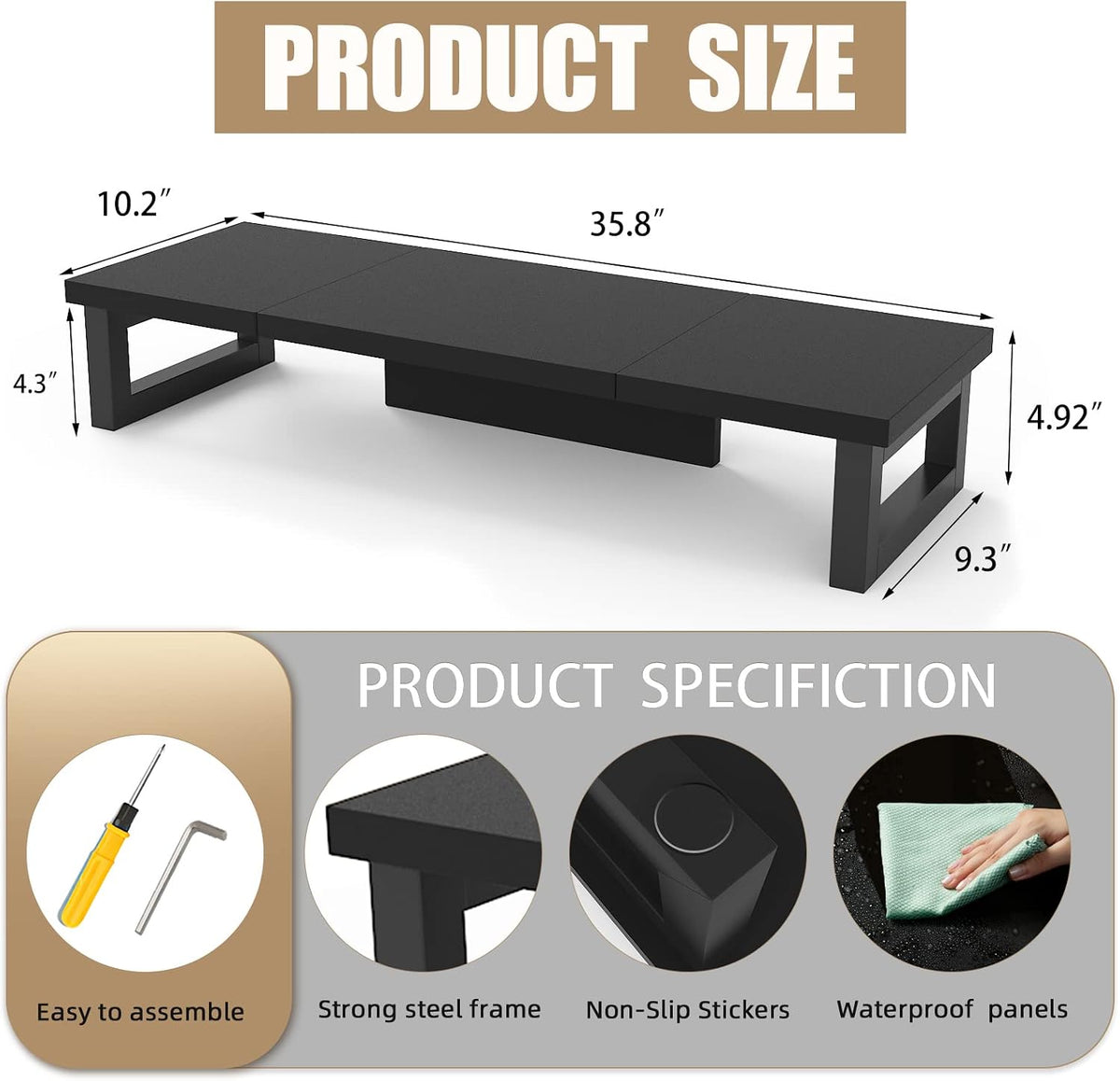 Dual Monitor Stand Riser, Wood and Steel Multi-Purpose Desktop Storage Stand for 2 Monitors for Computer, Laptop, Printer, TV, Rustic Brown
