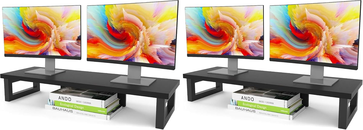 Dual Monitor Stand Riser, Wood and Steel Multi-Purpose Desktop Storage Stand for 2 Monitors for Computer, Laptop, Printer, TV, Rustic Brown