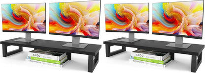 Dual Monitor Stand Riser, Wood and Steel Multi-Purpose Desktop Storage Stand for 2 Monitors for Computer, Laptop, Printer, TV, Rustic Brown