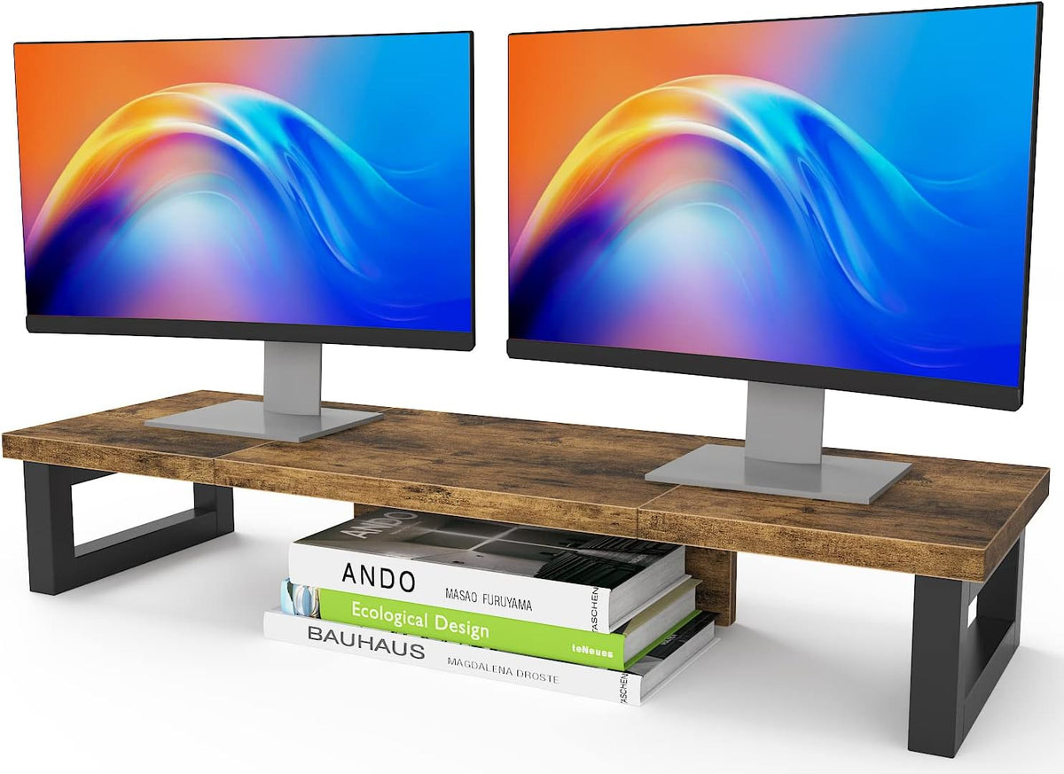 Dual Monitor Stand Riser, Wood and Steel Multi-Purpose Desktop Storage Stand for 2 Monitors for Computer, Laptop, Printer, TV, Rustic Brown