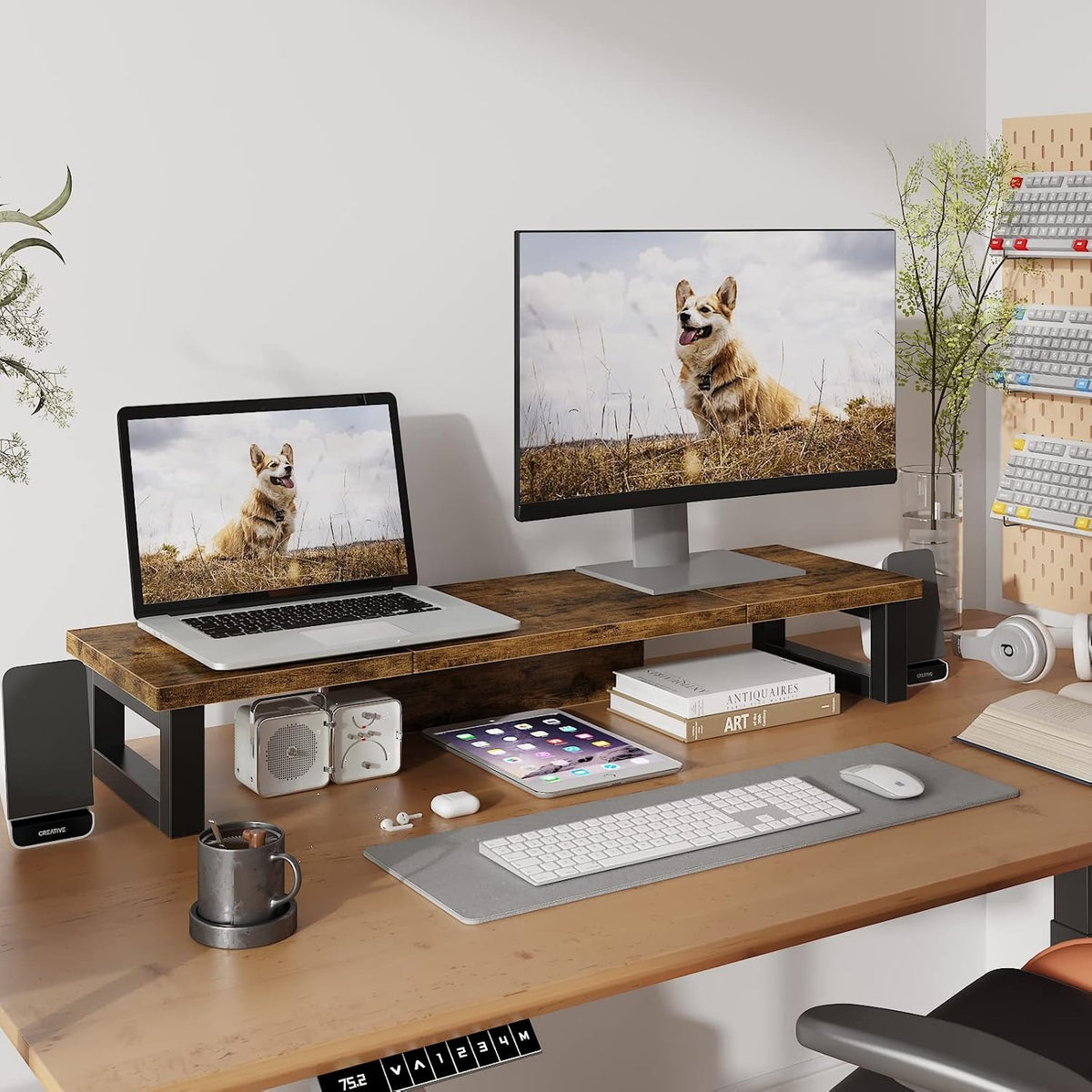Dual Monitor Stand Riser, Wood and Steel Multi-Purpose Desktop Storage Stand for 2 Monitors for Computer, Laptop, Printer, TV, Rustic Brown