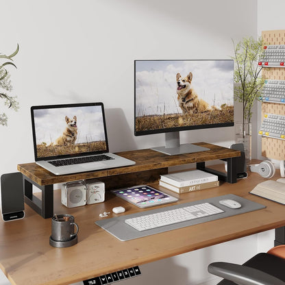 Dual Monitor Stand Riser, Wood and Steel Multi-Purpose Desktop Storage Stand for 2 Monitors for Computer, Laptop, Printer, TV, Rustic Brown