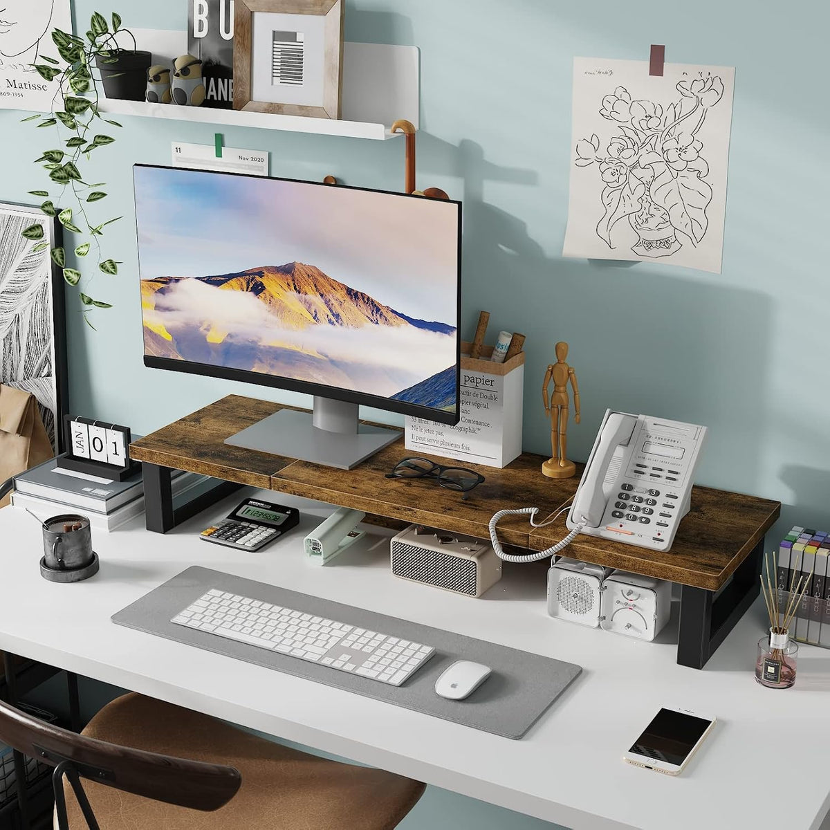 Dual Monitor Stand Riser, Wood and Steel Multi-Purpose Desktop Storage Stand for 2 Monitors for Computer, Laptop, Printer, TV, Rustic Brown