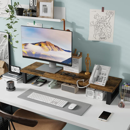 Dual Monitor Stand Riser, Wood and Steel Multi-Purpose Desktop Storage Stand for 2 Monitors for Computer, Laptop, Printer, TV, Rustic Brown