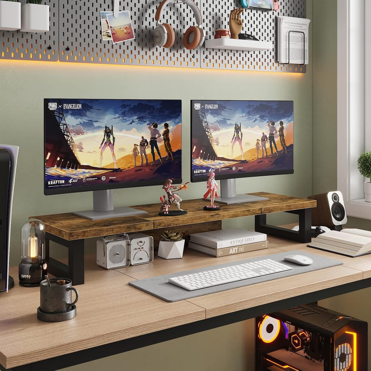 Dual Monitor Stand Riser, Wood and Steel Multi-Purpose Desktop Storage Stand for 2 Monitors for Computer, Laptop, Printer, TV, Rustic Brown
