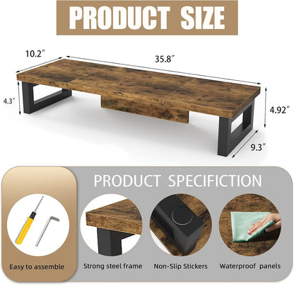 Dual Monitor Stand Riser, Wood and Steel Multi-Purpose Desktop Storage Stand for 2 Monitors for Computer, Laptop, Printer, TV, Rustic Brown