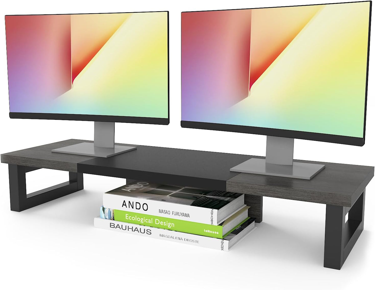 Dual Monitor Stand Riser, Wood and Steel Multi-Purpose Desktop Storage Stand for 2 Monitors for Computer, Laptop, Printer, TV, Rustic Brown