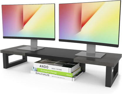 Dual Monitor Stand Riser, Wood and Steel Multi-Purpose Desktop Storage Stand for 2 Monitors for Computer, Laptop, Printer, TV, Rustic Brown