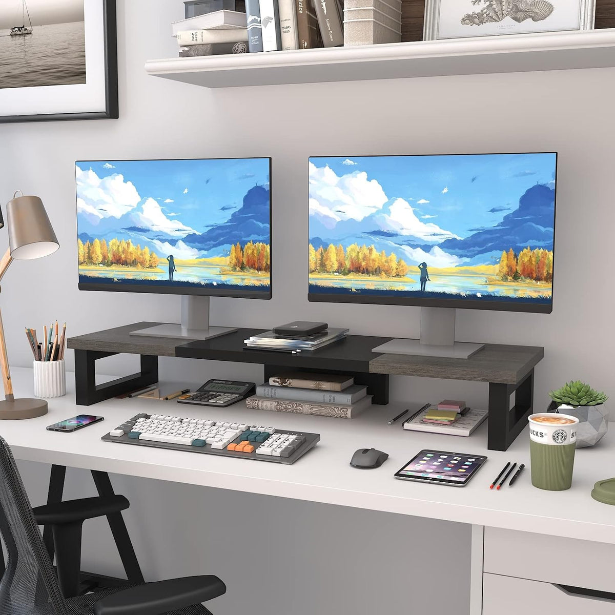 Dual Monitor Stand Riser, Wood and Steel Multi-Purpose Desktop Storage Stand for 2 Monitors for Computer, Laptop, Printer, TV, Rustic Brown