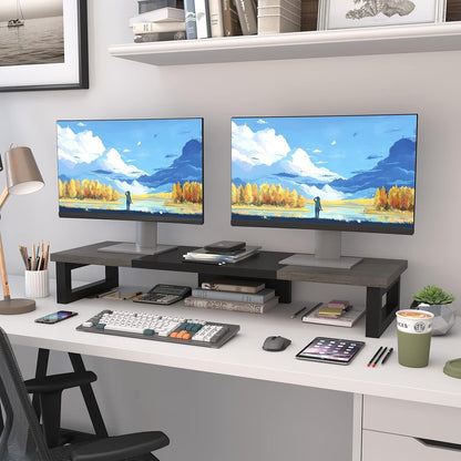 Dual Monitor Stand Riser, Wood and Steel Multi-Purpose Desktop Storage Stand for 2 Monitors for Computer, Laptop, Printer, TV, Rustic Brown