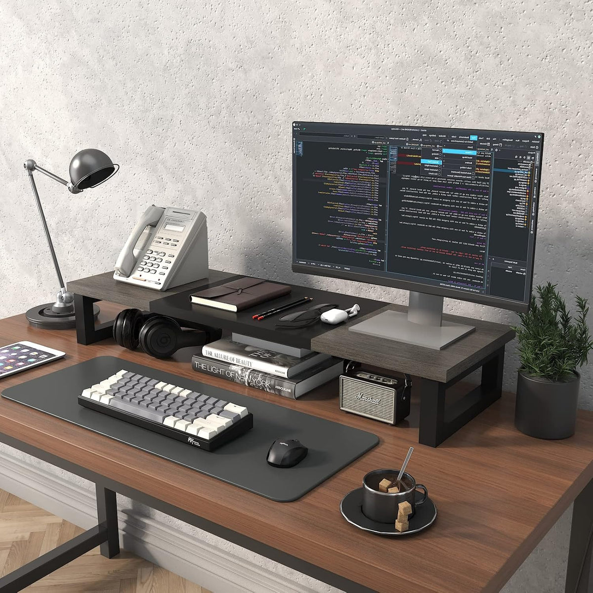 Dual Monitor Stand Riser, Wood and Steel Multi-Purpose Desktop Storage Stand for 2 Monitors for Computer, Laptop, Printer, TV, Rustic Brown