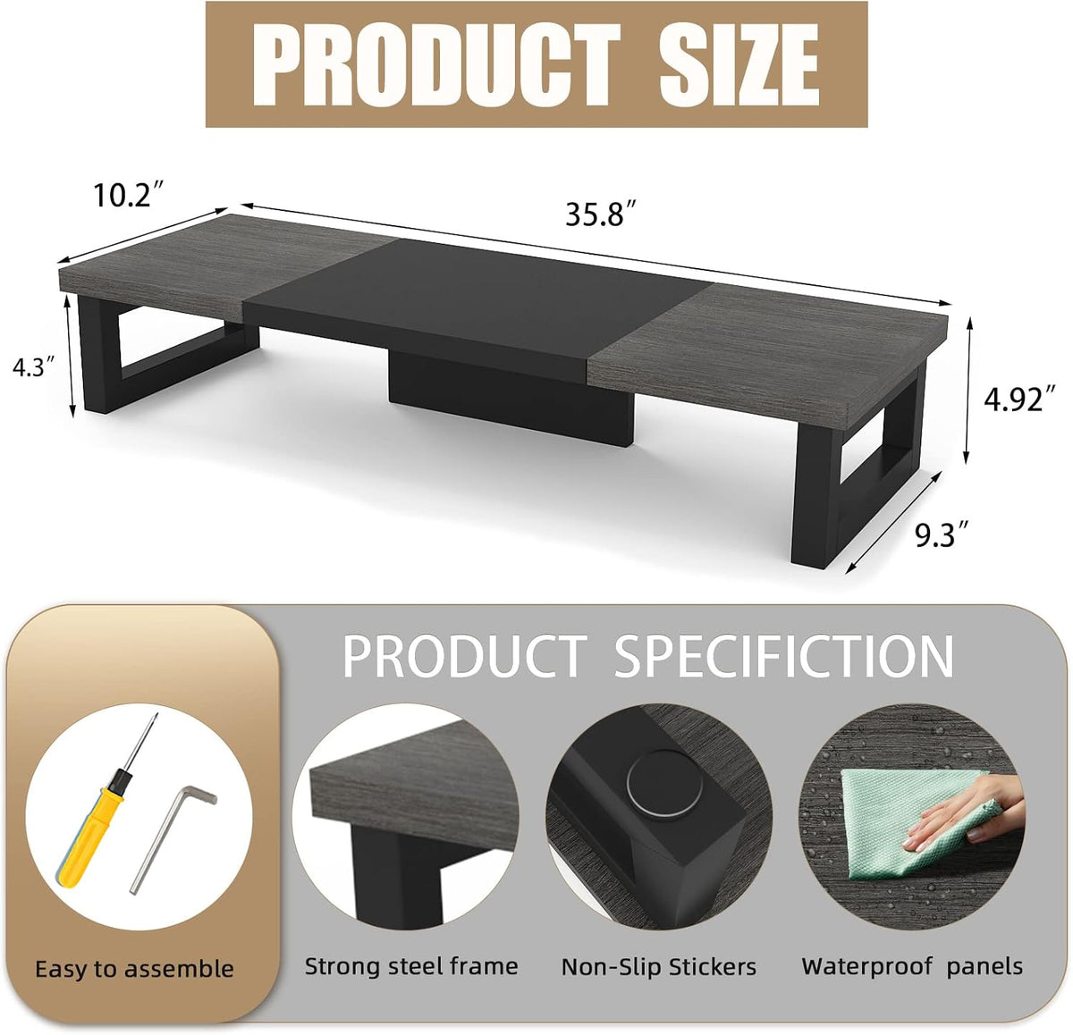 Dual Monitor Stand Riser, Wood and Steel Multi-Purpose Desktop Storage Stand for 2 Monitors for Computer, Laptop, Printer, TV, Rustic Brown