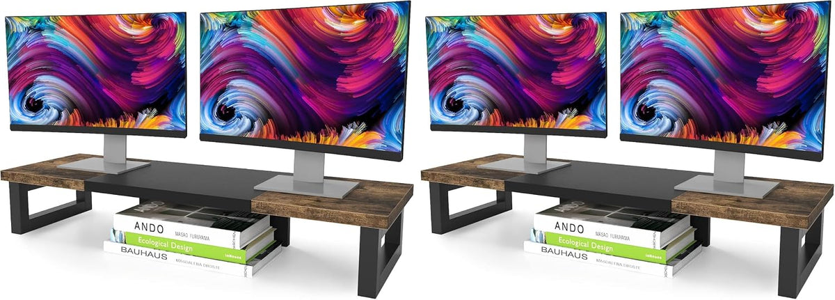 Dual Monitor Stand Riser, Wood and Steel Multi-Purpose Desktop Storage Stand for 2 Monitors for Computer, Laptop, Printer, TV, Rustic Brown