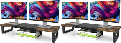Dual Monitor Stand Riser, Wood and Steel Multi-Purpose Desktop Storage Stand for 2 Monitors for Computer, Laptop, Printer, TV, Rustic Brown