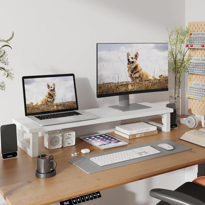 Dual Monitor Stand Riser, Wood and Steel Multi-Purpose Desktop Storage Stand for 2 Monitors for Computer, Laptop, Printer, TV, Rustic Brown