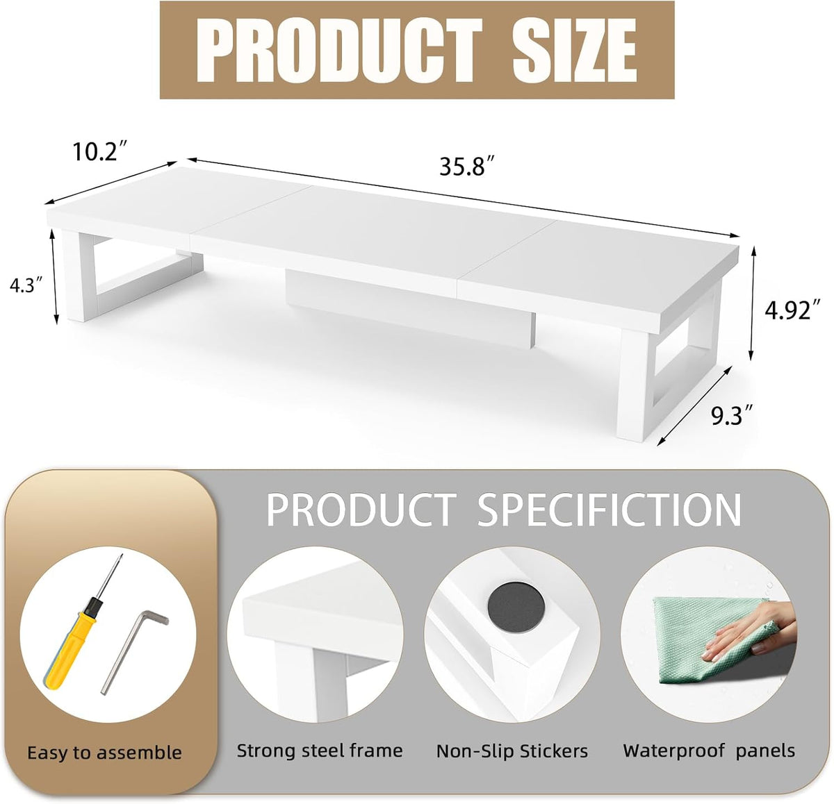 Dual Monitor Stand Riser, Wood and Steel Multi-Purpose Desktop Storage Stand for 2 Monitors for Computer, Laptop, Printer, TV, Rustic Brown