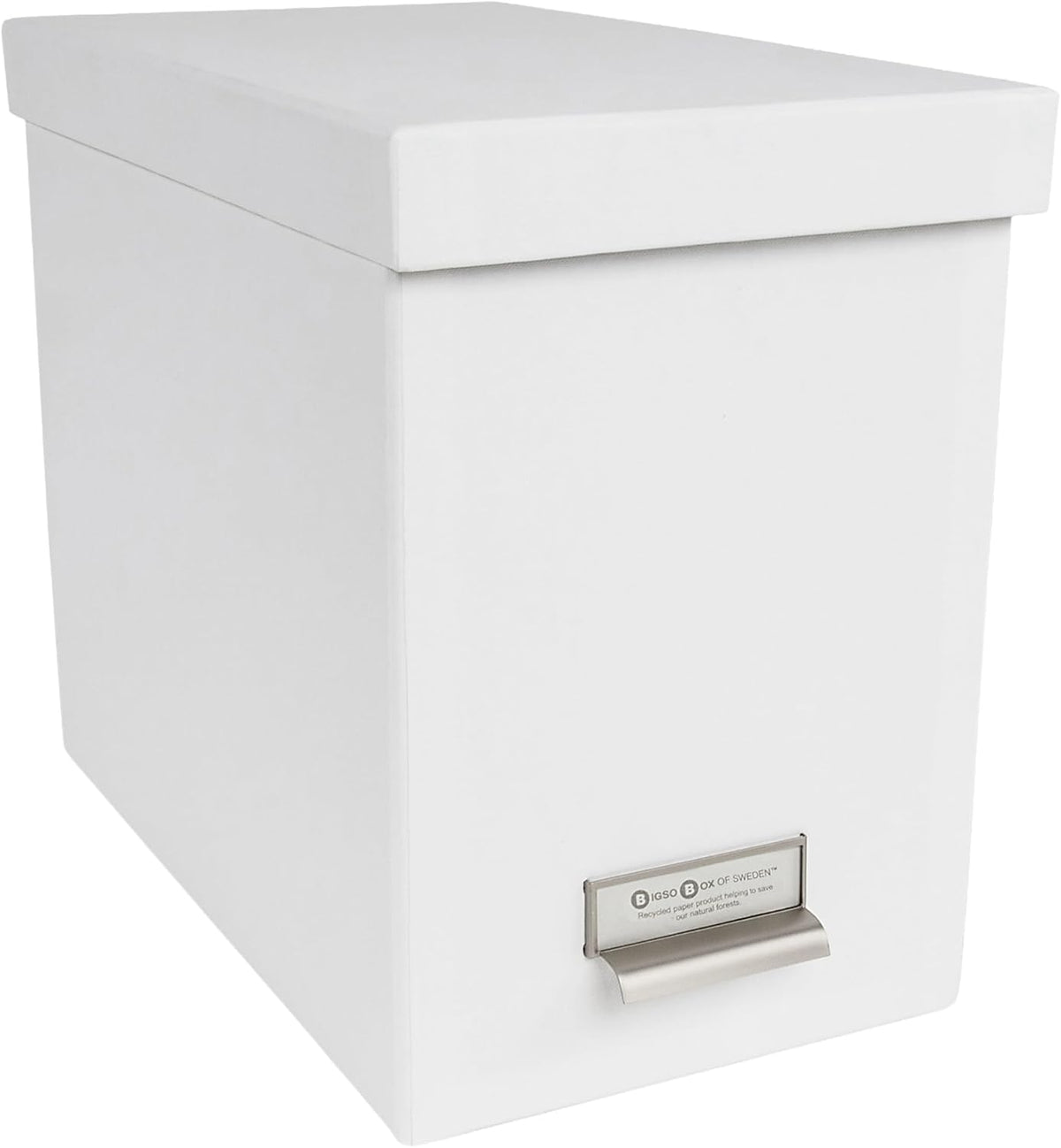 John Fiberboard Label Frame Desktop File Storage Box - Document Organizer for Important Paperwork - Durable Hanging File Box with a Lid & Metal Label Window - 7.36 x 13.38 x 10.51 in - White